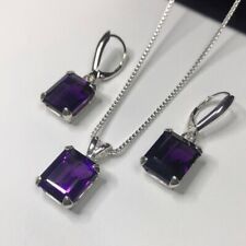 Lab Created Purple Amethyst 3 Ct Emerald Cut Jewelry Set 14K White Gold Plated