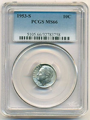 Moneda de diez centavos S Roosevelt 1953 MS66 PCGS Foto 1 de 2
