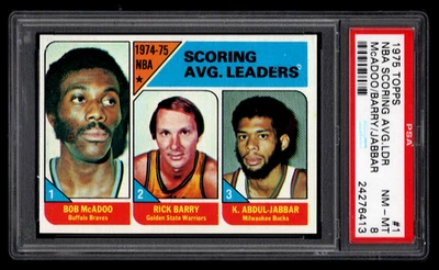 LEADERS 1975 TOPPS BASKETBALL CARD #1 PSA 8 NM-MT KAREEM ABDUL-JABBAR RICK BARRY - Image 1 of 2