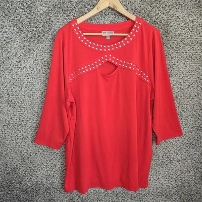 JM Collection Top Womens Plus 3X Coral Chest Cutout Stretch Embellished Blouse - Image 1 of 4