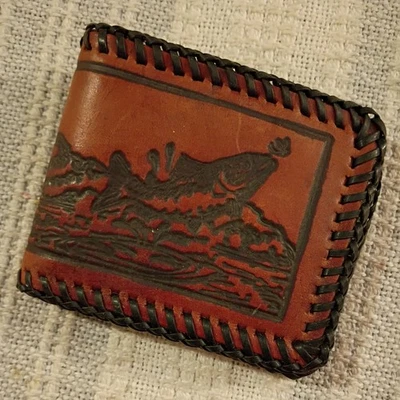 Vintage 1970s Hand Tooled Leather Bi Fold Wallet "fishing" Brown - NICE! - Image 1 of 4