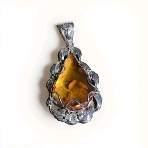 Colgante lágrima grande ámbar báltico de plata de ley 925 vintage firmado 36 g - Imagen 1 de 7