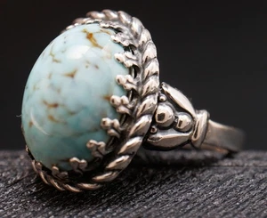 Size 6.75 Turquoise-Blue Art Glass Crown Prong Set Vintage Sterling Silver Ring - Picture 1 of 7