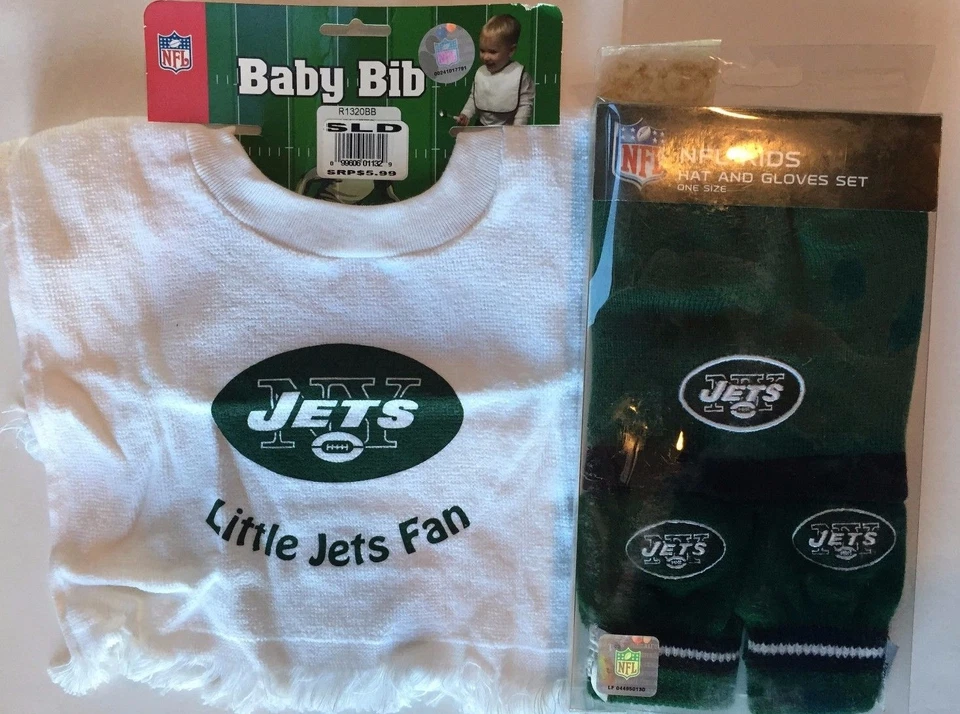 *PAQUETE DE REGALO* New York Jets NFL Bebé Babero y Fútbol Niños Tejido Sombrero y Guantes Conjunto Foto 1 de 1