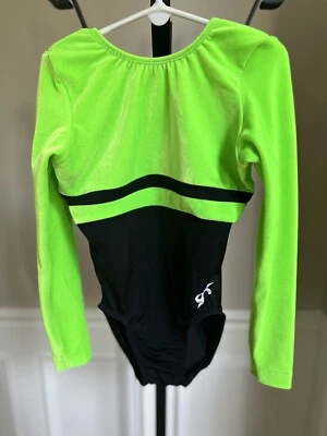 GK Elite Girls Gymnastic Neon Green/ Black Leotard Size Youth Large - Image 1 of 2