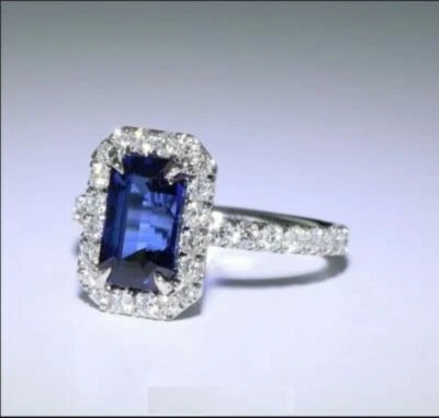 2.20Ct Blue Sapphire Emerald Cut CZ Engagement Ring In 925 Sterling Silver - Image 1 of 4