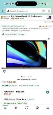 Apple MacBook Pro 16" (1TB SSD, Intel Core i7 10th Gen., 2.4GHz, 32GB RAM)... - Image 1 of 3