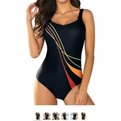Traje de baño XL de una pieza con diseño ondulado colorido negro naranja amarillo piscina Foto 1 de 4