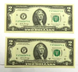 US 2 DOLLAR BILL UNCIRCULATED SEQUENTIAL(2) FANCY BROKEN LADDER (07060973-4) t53 - Picture 1 of 4