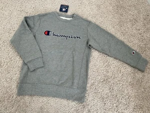 Champion Big Kids Sweatshirt Powerblend Fleece Crewneck Script Logo Gray Size S - Picture 1 of 7