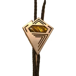 Vtg Southwestern Bolo Tie Silver Tone W/Yellow Stone Signed Aquarius Ltd 1992 - Picture 1 of 4