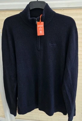 Mens XXL Superdry Navy Blue Wool Tight Knit 1/2 Zip neck Jumper. New With Tags. - Image 1 of 4