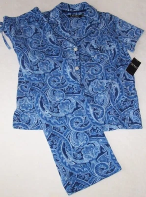 NUEVO CON ETIQUETAS Ralph Lauren AZUL MARINO/AZUL AGUA PAISLEY Jersey Tejido CAPRI Conjunto de Pijama Para Mujer S Foto 1 de 3