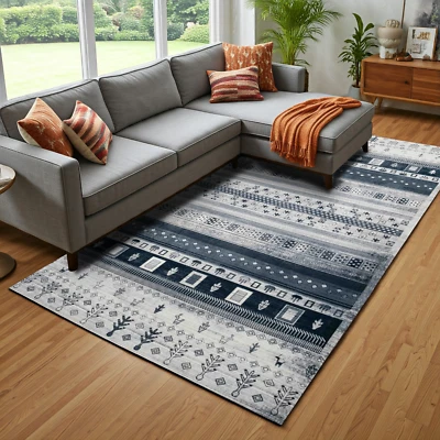 Scandinavian Patterned Blue Chenille Rug, Washable Non-Slip Runner Rug - Image 1 of 4