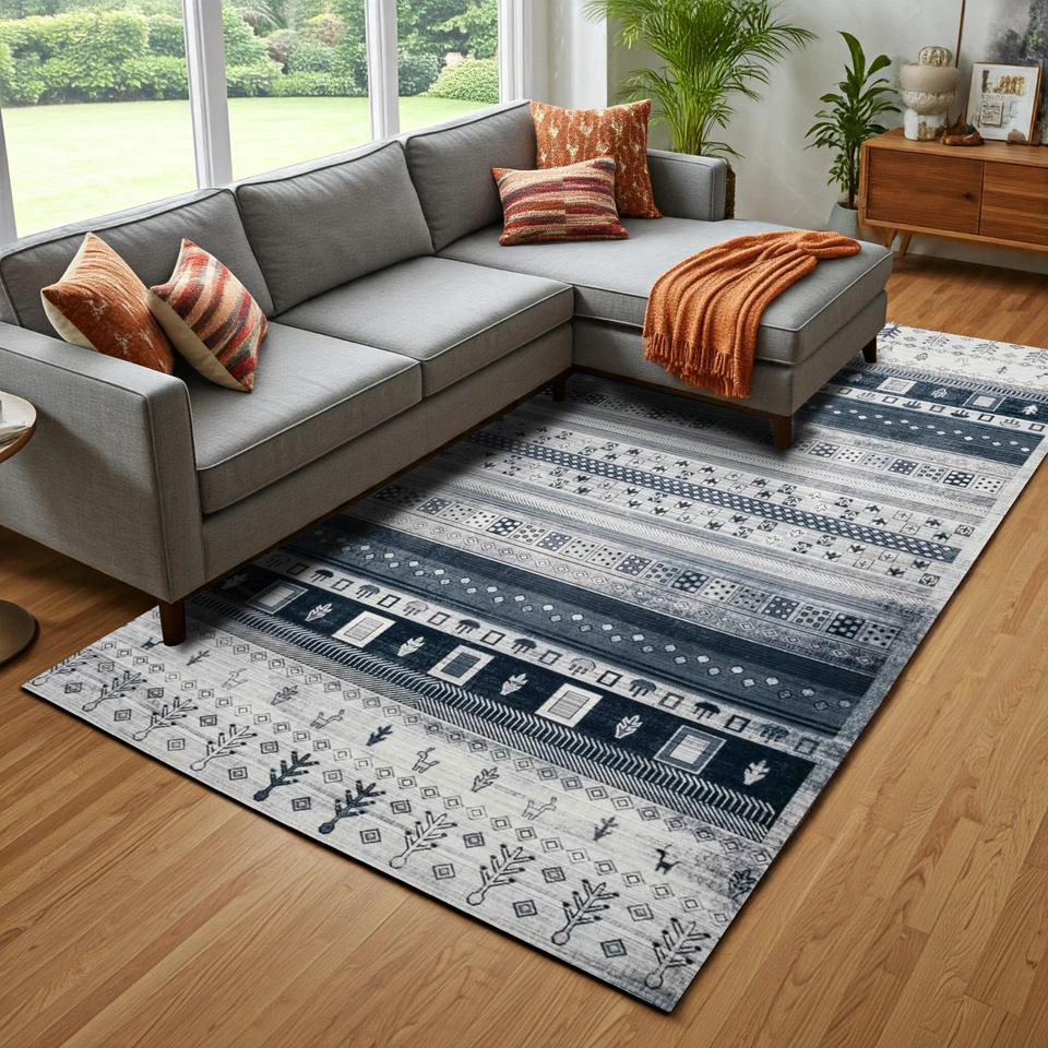 Alfombra de chenilla azul estampado escandinavo, alfombra de corredor antideslizante lavable Foto 1 de 4