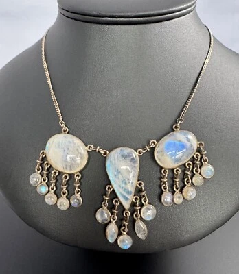 Collar vintage de piedra lunar arco iris y plata de ley 16" Foto 1 de 4