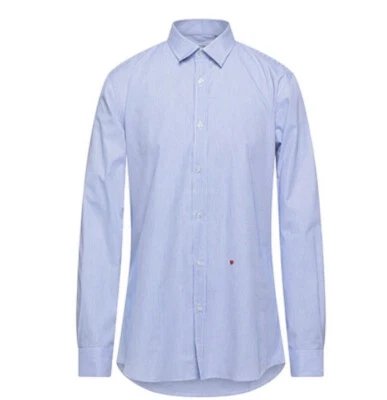Moschino Men’s Striped Embroidered Heart Button Down Shirt Size 42 / 16.5 Blue - Image 1 of 4