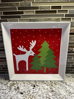 Crate & Barrel Reindeer Platter 12" Square Christmas Tree Serving Tray Plate EUC - Image 1 of 4