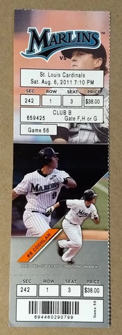 Miami Florida Marlins Ticket Stub 08-06-11 vs Cardinals Chris Coghlan - Lot #2 Cover
