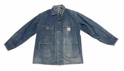 Vintage Carhartt Denim Chore Coat Mens Size L Jacket Unlined Distressed Faded - Image 1 of 4