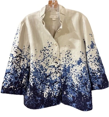 Chaqueta Coldwater Creek Mujer 10 Azul Floral Abstracto Lino Botón Mangas 3/4 Foto 1 de 4