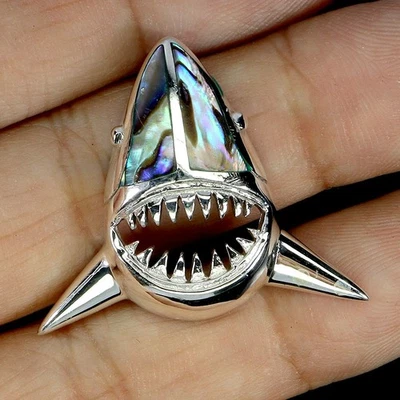 925 Sterling Silber Anhänger Ausgefallen Perlmutt Hai Edelstein Schmuck - Bild 1 von 4
