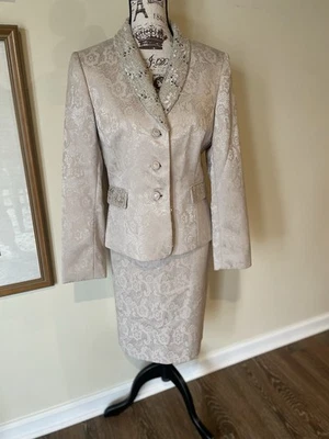 Traje Falda Elegante Tahari ✨ 10 ✨ Blazer Lentejuelas Claras Encaje Brocado Foto 1 de 4