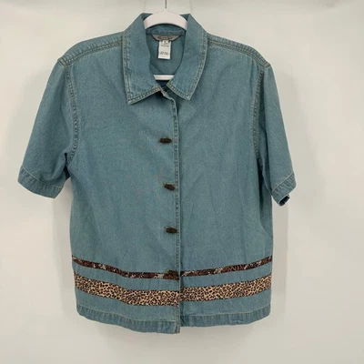 Blusa jeans feminina vintage ocidental tamanho G manga curta acabamento leopardo Y2K vaqueira - Imagem 1 de 4