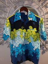 Sears Hawaii Vintage 60s 70 Hawaiian Shirt Psychedelic Blue Floral M L Pineapple
