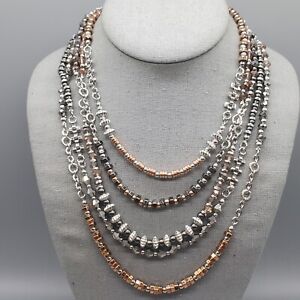 Industrial Layered Necklace Tri Tone Metal 5 Strand Beaded Modern Adjustable 20"