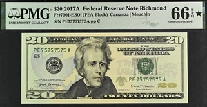 2017A $20 Federal Reserve Note PMG 66EPQ birthday super repeater serial 75757575 - Picture 1 of 2