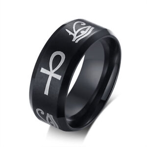 Religious Egypt Eye of Horus Ankh Cross Wedding Ring Black Stainless Steel Band