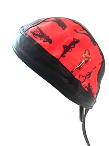 She Devil Black Leather Doo Rag Biker Head Wrap Skull Cap Bandana W/Sweatband - Picture 1 of 5