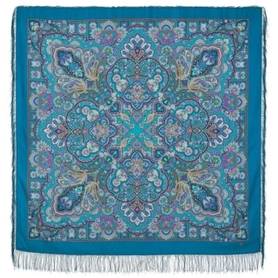 Beauty Queen PAVLOVO POSAD Wool SHAWL 1686-13 Павловопосадский Платок, Blue - Image 1 of 2