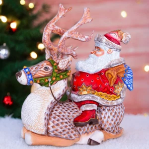 Wooden Carved Santa Figurine riding a Reindeer 12", Christmas home decoration - Picture 1 of 13
