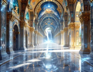 A Majestic Celestial Hallway Leading to a Waterfall Poster Print 18 x 24 in - Picture 1 of 1
