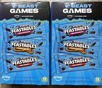 2 Beast Games Chocolate Bar Box, Milk Chocolate, Crunch, Peanut Butter 24 BARS! - Image 1 of 4