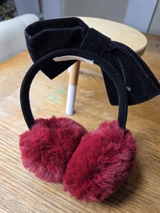 Kate Spade Girls Black Satin Bow Headband Earmuffs Faux Fur Fluffy Burgundy - Picture 1 of 6