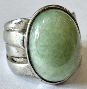 Vintage Sterling Silver Wide Band Jadeite Domed Cabochon Stone Statement Ring - Picture 1 of 15
