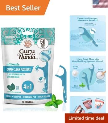 Зубочистки Quad Clean 50ct: неизмельченная мятная нить со скребком для языка - Изображение 1 из 4