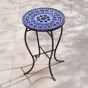 Modern Black Round Outdoor Accent Table 14" Wide Light Blue Mosaic Porch Patio - Picture 1 of 8