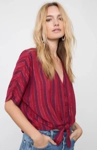 Rails Thea Metallic Striped Tie Front Multi Red V Neck Linen Blend Top Sz S - Picture 1 of 11