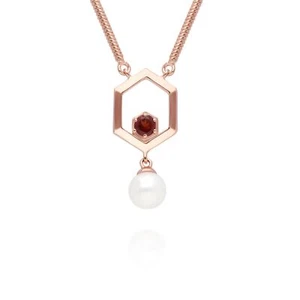 Moderno Perla Y Granate Hexágono Colgante Collar En Oro Rosa Bañado Plata de Ley - Imagen 1 de 1