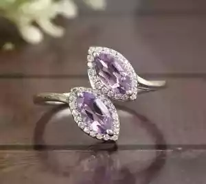 2.3 Ct Marquise Cut Lab-Created Amethyst Round Bypass Ring 14K White Gold Plated - Picture 1 of 7