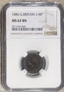 1886 Great Britain Farthing 1/4D NGC MS 62 BN - Picture 1 of 4
