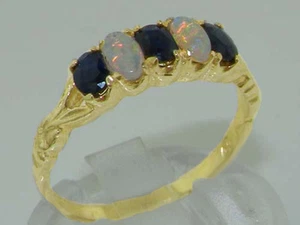Solid 9K Yellow Gold Natural Sapphire & Opal Vintage style Band Ring - Picture 1 of 1
