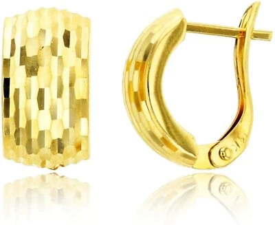  Diamond Cut Wide Huggie Hoop Earrings w/ Leverback Solid Real 14K Yellow Gold  - Image 1 of 2