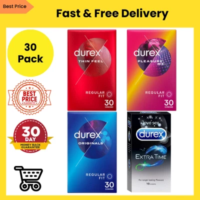 Durex Condoms 30 Pack Thin Feel, Extra Time, Ribbed & Dotted, Originals Regular - image 1 of 4