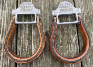 Used/vintage leather covered Western oxbow stirrups w/detachable aluminum top - Picture 1 of 6