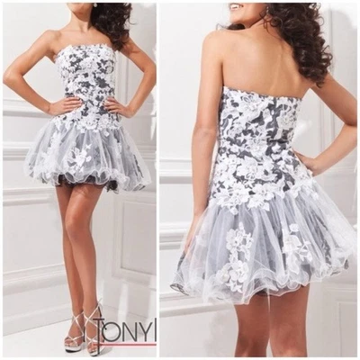 Mini Vestido de Fiesta Tony Bowls Floral Tul Encaje Lechuga Sin Tirantes Negro Blanco Talla 0 Foto 1 de 4